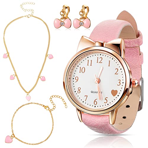 4 Stück Kinderuhr und Versilbertes Schmuckset Enthalten Mädchen Leder Armbanduhr Halskette 1 Paar Ohrringe und Armband für Kinder, Mädchen Geburtstagsgeschenke (Rosa) von Herdear