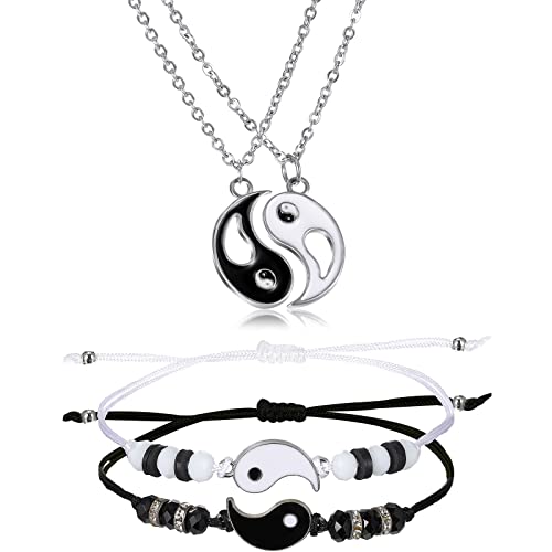 4 Stück Yin Yang Halskette Armband Set Yin Yang Pärchen Armband Kordel Paar Puzzle Anhänger Halskette Kette Verstellbares Schnur BFF Partner Armband Freundschaftsketten für Freund Freundin von Herdear