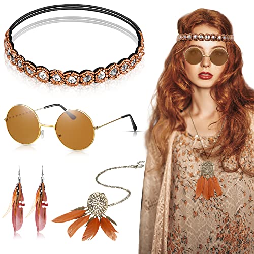 Herdear 4 Stück Hippie Kostüm Set Damen 70er 60er Hippie Accessoires Enthalten Runden Hippie Sonnenbrille Boho Kristall Stirnband Lange Feder Halskette Ohrring für Frauen Mädchen Cosplay (Retro) von Herdear