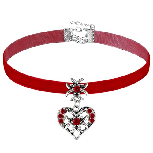Herdear Bierfest Damen Trachtenkette Herz Edelweiß Halskette Elegantes Kropfband mit Strasssteinen Herz und Edelweiß Anhänger(Rot) von Herdear