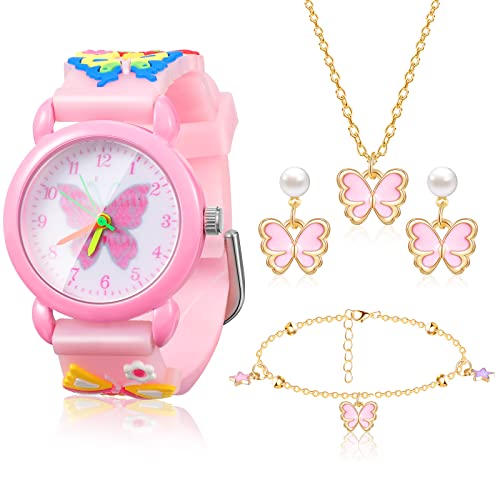 Schmetterling Kinderuhr mit Kinder Schmetterling Schmuckset Rosa Niedliche Cartoon Armbanduhr Schmetterling Halskette Armband Ohrringe für Mädchen Prinzessin Geschenke (Schmetterling) von Herdear