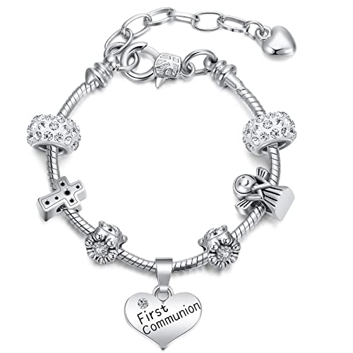 Herdear Armband mit Kreuz und Perlen zur Erstkommunion für Mädchen Glitzernde Personalisierte Gravur Geschenke Kommunion Armband mit Anhänger mit Geschenkbox (Schöner Stil) von Herdear