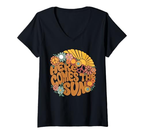 Damen Here Comes The Sun Retro Summer Beach Vacation Flower T-Shirt mit V-Ausschnitt Damen Here Comes The Sun Retro Summer Beach Vacation Flower T-Shirt mit V-Ausschnitt von Here Comes The Sun Retro Summer