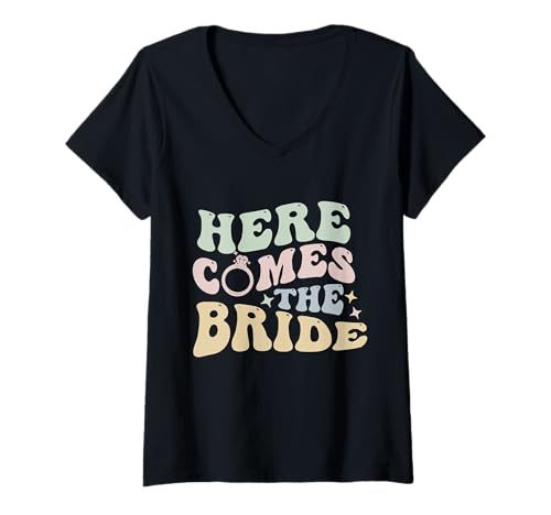 Damen Here Comes The Bride Bachelorette Party Bride Trendige Hochzeit T-Shirt mit V-Ausschnitt Damen Here Comes The Bride Bachelorette Party Bride Trendige Hochzeit T-Shirt mit V-Ausschnitt von Here Comes the Bride Retro Bride Trendy Wedding