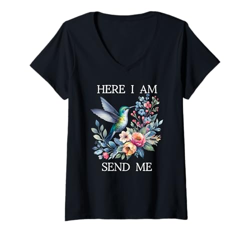 Damen Here I Am Send Me God Isaiah 6:8 Bible Christian Hummingbird T-Shirt mit V-Ausschnitt Damen Here I Am Send Me God Isaiah 6:8 Bible Christian Hummingbird T-Shirt mit V-Ausschnitt von Here I Am Lord Send Me Shirt,Christian Bible Verse
