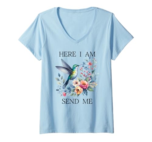 Damen Here I Am Send Me Isaiah 6:8 Bible Christian Hummingbird T-Shirt mit V-Ausschnitt Damen Here I Am Send Me Isaiah 6:8 Bible Christian Hummingbird T-Shirt mit V-Ausschnitt von Christian T Shirts Here I Am Lord Send Me TShirt