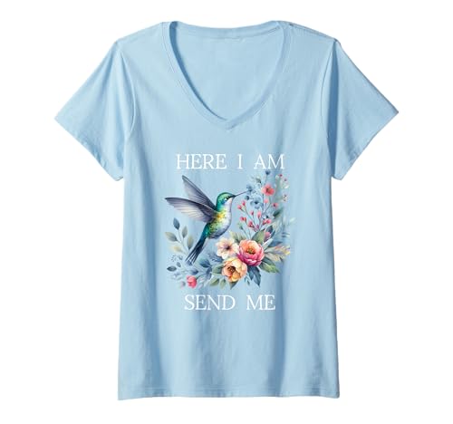 Damen Here I Am Send Me Isaiah 6:8 God Bible Christian Hummingbird T-Shirt mit V-Ausschnitt Damen Here I Am Send Me Isaiah 6:8 God Bible Christian Hummingbird T-Shirt mit V-Ausschnitt von Here I Am Lord Send Me Shirt,Christian Hummingbird