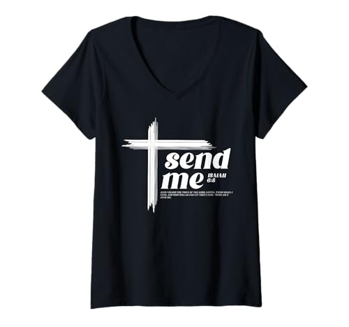 Damen Here am I Send me Isaiah 6:8 Bibelvers Inspire Christian T-Shirt mit V-Ausschnitt Damen Here am I Send me Isaiah 6:8 Bibelvers Inspire Christian T-Shirt mit V-Ausschnitt von Here am I Send me Cross Motivational Apparels