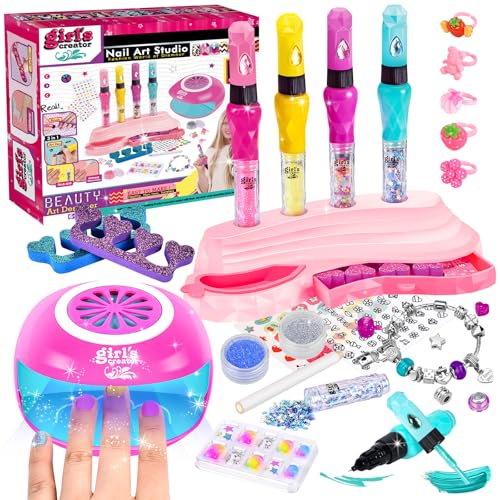 Herenear Nagelstudio Kinder Mädchen, Geschenk Mädchen 6 7 8 9 10 11 12 jahre, Nageldesign Kinder Mädchen, Nail Art Set Kids, Peel Off Nagellack, Nageltrockner Mädchen Geburtstag Geschenk von Herenear
