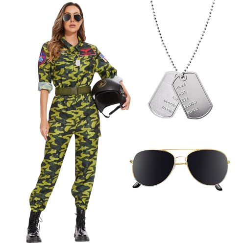 Herenear Pilot Kostüm Damen, Pilot Overall Damen Kostüm, Kampfjet Pilot Kostüm Damen, Kostüm Kampfjetpilotin Erwachsene, Pilotenanzug Camouflage, Flieger Faschingskostüme Cosplay Halloween Karneval von Herenear
