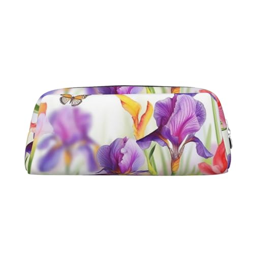 Federmäppchen, Motiv: Iris Blume und Schmetterling, Leder, tragbar, Schreibwaren-Organizer, Stiftehalter, Make-up-Tasche mit Reißverschluss, silber, Einheitsgröße, Kosmetiktasche von HerfsT