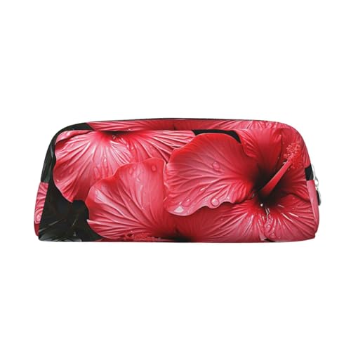 Federmäppchen, rotes Hibiskusleder, Federmäppchen, tragbar, Schreibwaren-Organizer, Stiftehalter, Make-up-Tasche mit Reißverschluss, silber, Einheitsgröße, Kosmetiktasche von HerfsT