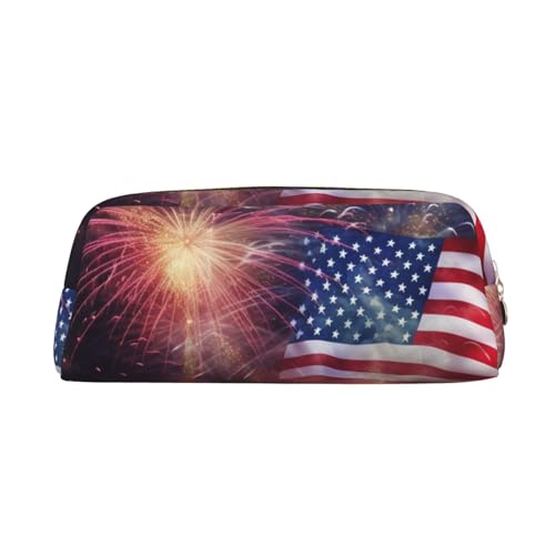 Federmäppchen Feuerwerk Amerikanische Flagge 4. Juli Leder Federmäppchen Tragbare Schreibwaren Organizer Bleistifthalter Make-up-Tasche mit Reißverschluss, gold, Einheitsgröße, Kosmetiktasche von HerfsT