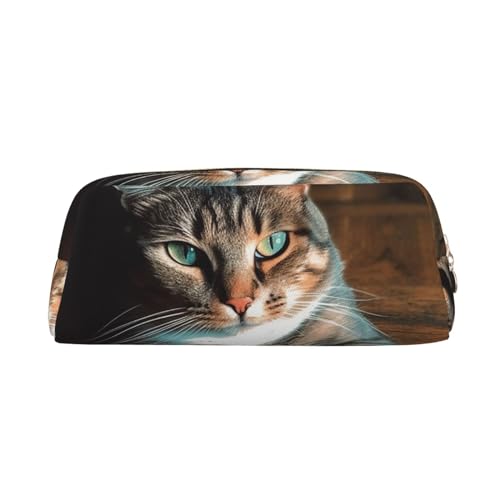 Federmäppchen Katze liegend auf Holzboden Leder Federmäppchen Tragbare Schreibwaren Organizer Bleistifthalter Make-up-Tasche mit Reißverschluss, gold, Einheitsgröße, Kosmetiktasche von HerfsT