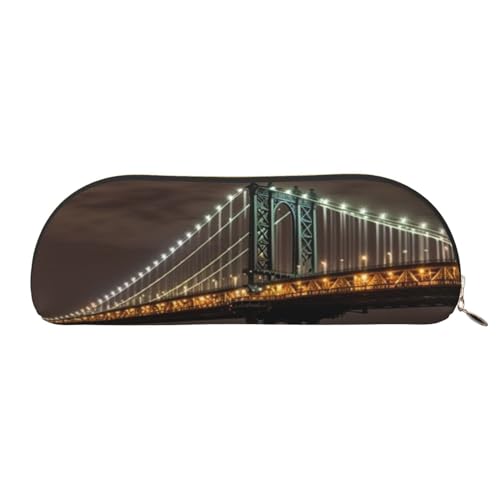 Federmäppchen New York Manhattan Bridge Night Leder Federmäppchen Tragbarer Schreibwaren-Organizer Stiftehalter Make-up-Tasche mit Reißverschluss, gold, Einheitsgröße, Kosmetiktasche von HerfsT