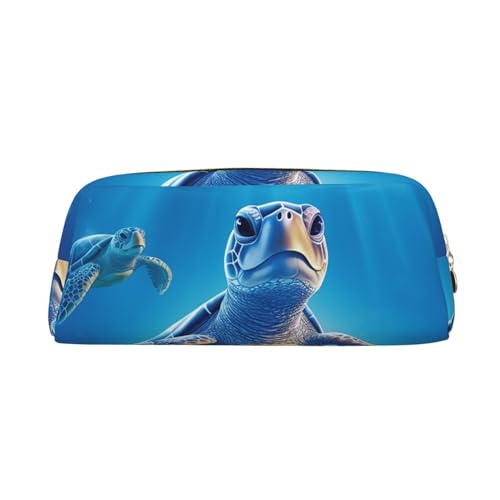 Federmäppchen Schildkröte in blauem Wasser, Leder, Federmäppchen, tragbarer Schreibwaren-Organizer, Stiftehalter, Make-up-Tasche mit Reißverschluss, gold, Einheitsgröße, Kosmetiktasche von HerfsT