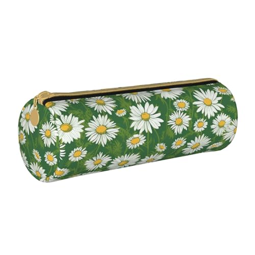 Federmäppchen mit Gänseblümchen, Leder, tragbar, Schreibwaren-Organizer, Stiftehalter, Make-up-Tasche mit Reißverschluss, Weiß und Grün, Weiße und grüne Gänseblümchen, Einheitsgröße, Kosmetiktasche von HerfsT