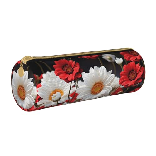 Federmäppchen mit Herzen, Leder, tragbar, Schreibwaren-Organizer, Stiftehalter, Make-up-Tasche mit Reißverschluss, Rot, Rote Blume und weiße Gänseblümchen, Einheitsgröße, Kosmetiktasche von HerfsT