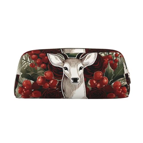 Federmäppchen mit Rentier-Motiv, Motiv: Frohe Weihnachten, Rentier, Blumenstrauß, florales Schottenkaro, kariert, aus Leder, tragbar, Schreibwaren, Organizer, Stiftehalter, Make-up-Tasche mit von HerfsT