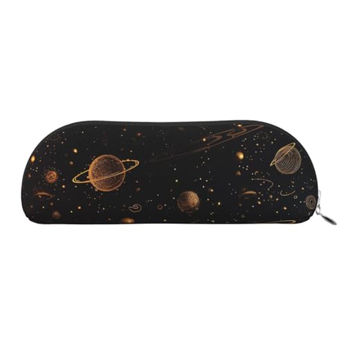 Federmäppchen mit goldenen Planeten und Sternen auf schwarzem Hintergrund, Leder-Federmäppchen, tragbarer Schreibwaren-Organizer, Stiftehalter, Make-up-Tasche mit Reißverschluss, silber, von HerfsT