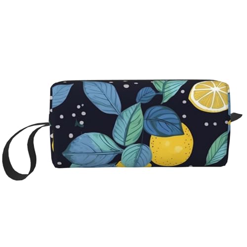 Make-up-Tasche für Damen, Avocado-Cartoon-Muster, große Kapazität, Kosmetiktasche, tragbare Kulturbeutel, Reiseaufbewahrung, Marineblau, spitz, Zitronengelb, Einheitsgröße von HerfsT