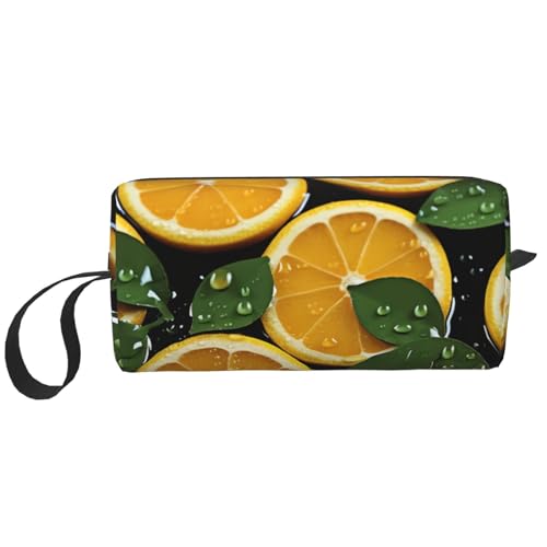 Make-up-Tasche für Damen, Palmen und Segelboote, große Kapazität, Kosmetiktasche, tragbare Kulturbeutel, Reiseaufbewahrung, Hintergrund mit orangefarbenen Früchten, Einheitsgröße von HerfsT