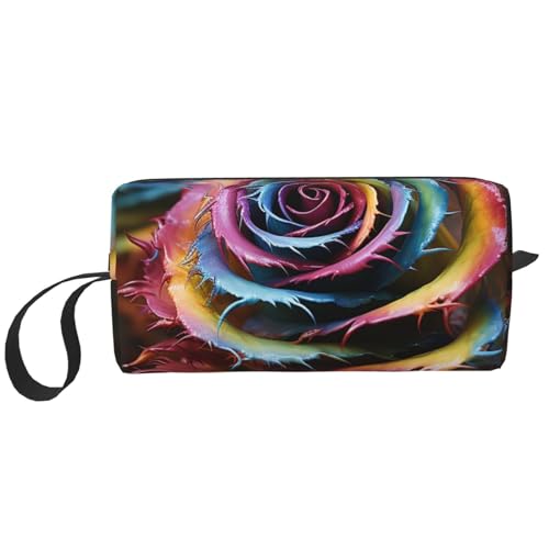 Make-up-Tasche für Damen, Regenbogenfarben, bunt, großes Fassungsvermögen, tragbare Kulturbeutel, Reiseaufbewahrung, Blumen/Regenbogen, Einheitsgröße von HerfsT