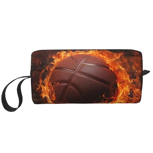 Make-up-Tasche für Damen, Zitronen- und Sternen-Muster, große Kapazität, Kosmetiktasche, tragbare Kulturbeutel, Reiseaufbewahrung, Backsteinmauer und brennender Basketball, Einheitsgröße von HerfsT