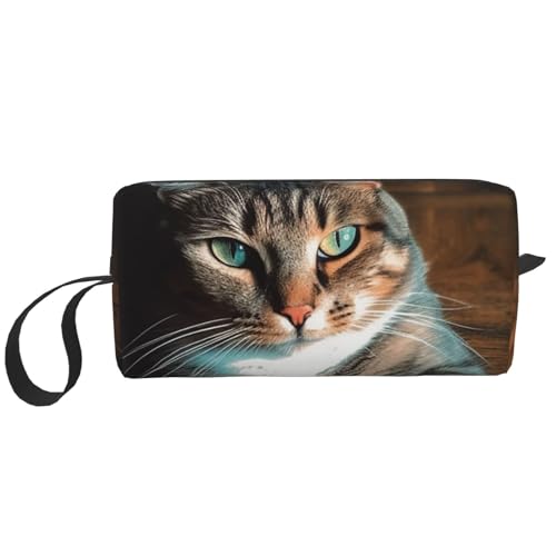 Make-up-Tasche für Damen, Zitronen- und Sternen-Muster, große Kapazität, Kosmetiktasche, tragbare Kulturbeutel, Reiseaufbewahrung, Katze liegend auf Holzboden, Einheitsgröße von HerfsT