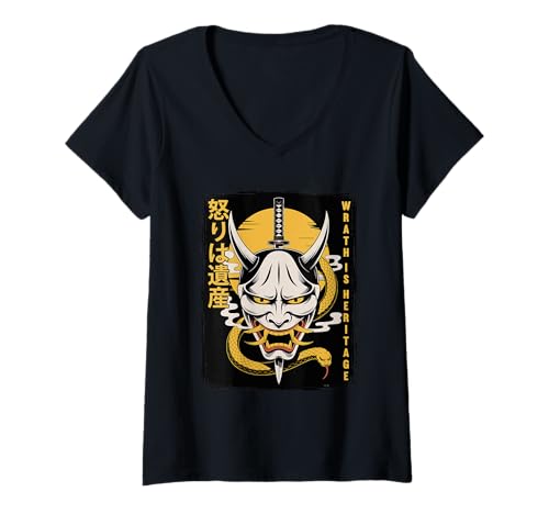 Damen Weiße Oni-Maske mit Schlange und Katana T-Shirt mit V-Ausschnitt Damen Weiße Oni-Maske mit Schlange und Katana T-Shirt mit V-Ausschnitt von Heritage Wrath Clothing