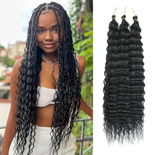 Herkeymidy Ocean Wave Crochet Hair 3 Packs 22 Inch Deep Wave Wavy Braiding Hair Crochet Synthetic Braids Hair Extension For Black Women (1B) von Herkeymidy