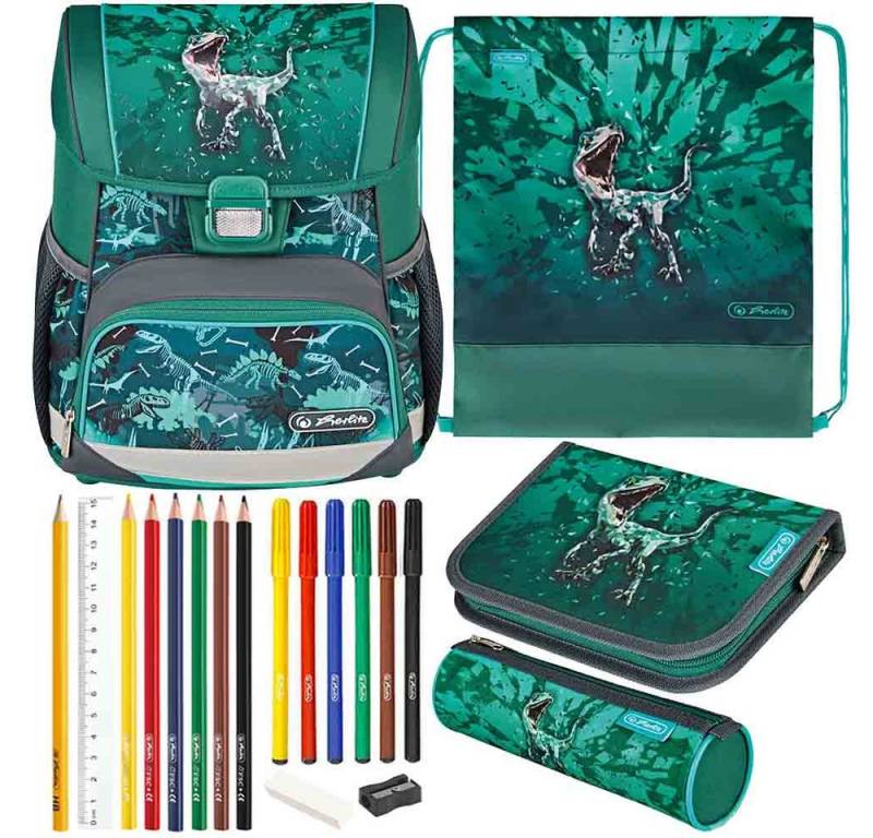 Herlitz Schulranzen Set Loop Plus 10-teilig 2025 Jungen Green T-Rex von Herlitz