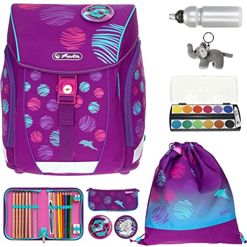 Herlitz Schulranzen Mädchen Jungen FiloLigh Plus 9 Teile Set Ranzen Tornister Schultasche 1. Klasse leicht Bauchgurt Brustgurt Auswahl +efk (Sea Bubbles 872) von Herlitz