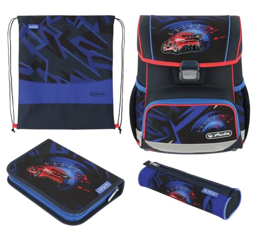 Herlitz Schulranzen Set 4-teilig Loop High Speed Blau 17 L Ergonomischer Tornister mit geringem Gewicht 1. Klasse Junge Mädchen Kinder, Rennauto von Herlitz