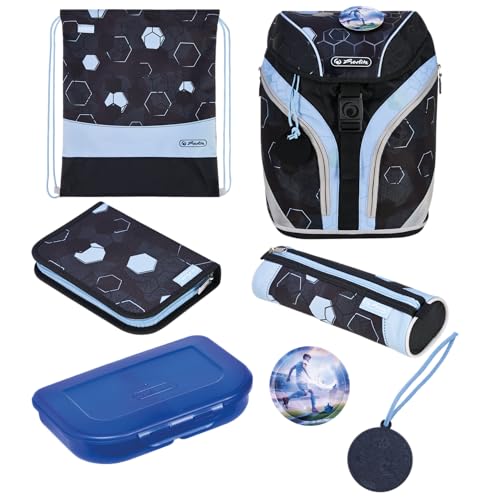 Herlitz Schulranzen Set 7-teilig GREENline Cyber Soccer Blau Schwarz aus recycelten PET Flaschen 1.Klasse Junge Mädchen Kinder 18 L von Herlitz