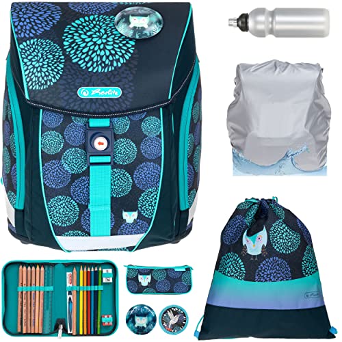 Herlitz Ranzen Schultasche für Jungen Mädchen FiloLigh Plus 8 Teile Set Grundschule Schulranzen Tornister leicht Bauchgurt Brustgurt Regenhülle Wahl +rf (Flower Owl 889) von Herlitz