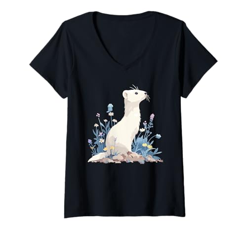 Damen Hermeline Hermelin T-Shirt mit V-Ausschnitt Damen Hermeline Hermelin T-Shirt mit V-Ausschnitt von Hermeline Hermelin Tier Shop