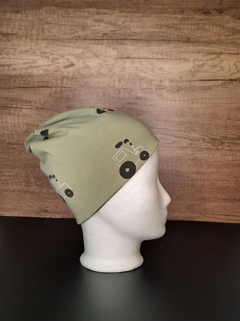 Set Beanie/Mütze & Loop Schal Halssocke Oder Einzeln Für Baby Kleinkind Jungen Traktor Hellgrün von HermiDesign