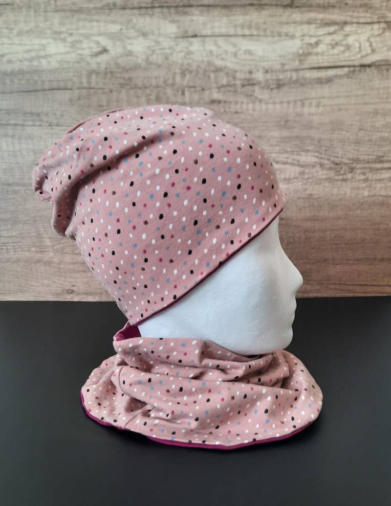 Set Beanie/Mütze & Loop Schal Halssocke Oder Einzeln Für Baby Kleinkind Mädchen Pünktchen, Altrosa von HermiDesign