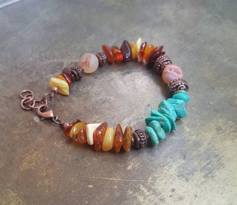 Türkis, Bernstein Und Drusy Achat Armband, Edelstein Kupferperlen, Kupfer Verschluss von HerminesAtelier