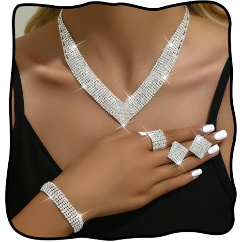 Hermoli Strass Halskette Set Armband Ohrringe Ring Bohrer Silber Choker für Frauen Hermoli Strass Halskette Set Armband Ohrringe Ring Bohrer Silber Choker für Frauen von Hermoli