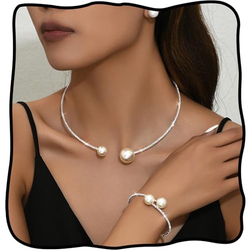 Hermoli Strass-Perlen-Halskette, Armband, silberfarbenes Choker-Schmuck-Set für Damen Hermoli Strass-Perlen-Halskette, Armband, silberfarbenes Choker-Schmuck-Set für Damen von Hermoli