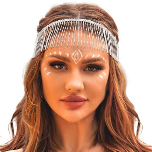 Hermoli Strass-Quasten-Kopfkette, funkelnd, elastisches Kristall-Stirnband, Party-Kopfschmuck für Damen (Silber (lange Quaste), Größe M von Hermoli