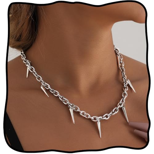 Hermoli Trendige Silberkette mit Spike-Charms, Edelstahl-Glieder-Choker, Punk-Gothic-Stil von Hermoli