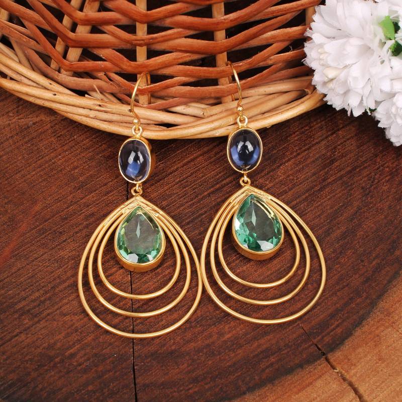 Aquamarin Und Blautopas Ohrringe, Baumelnde Hochzeit Multi Edelstein Jahrestag Geschenk Für Frau, Handgemachte Messing Ohrringe von HermosaEarrings