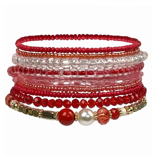 Boho Perlenarmband Mehrschichtiges Boho Armband Gestapeltes Perlenarmband Set Perlen Armband Stretch Damen Armbänder Bohème Stapelbare Mehrschichtige Perlenarmbänder (Rot) von Hernin
