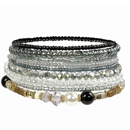 Boho Perlenarmband Mehrschichtiges Boho Armband Gestapeltes Perlenarmband Set Perlen Armband Stretch Damen Armbänder Bohème Stapelbare Mehrschichtige Perlenarmbänder (Schwarz) von Hernin