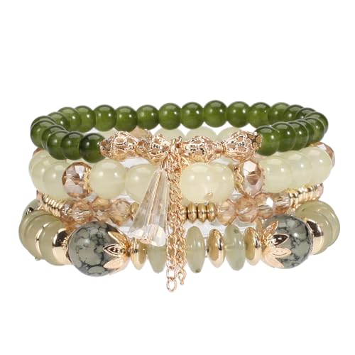 Damen Kristall Perlen Armband Boho Steine Armbänder Damen Mehrschichtiges Steine Armband Bohemian Perlen Armbander Stretch Stapelbare Bohemian Armbänder Boho Perlenarmband Set (Beige) von Hernin