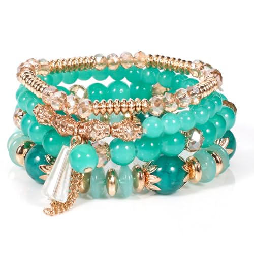 Damen Kristall Perlen Armband Boho Steine Armband Damen Mehrschichtiges Steine Armband Boho Perlenarmband Damen Stretch Stapelbare Bohemian Armbänder Boho Perlenarmband Set (Grün) von Hernin