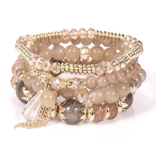 Damen Kristall Perlen Armband Boho Steine Armband Damen Mehrschichtiges Steine Armband Boho Perlenarmband Damen Stretch Stapelbare Bohemian Armbänder Boho Perlenarmband Set (Helles Curry) von Hernin